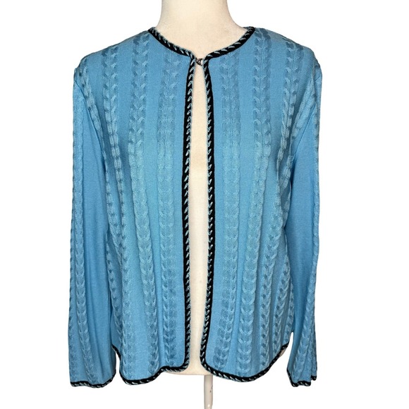 Ming Wang Sweaters - Ming Wang Blue Cable Knit Cardigan L Classic Sweater Black Trim Single Button